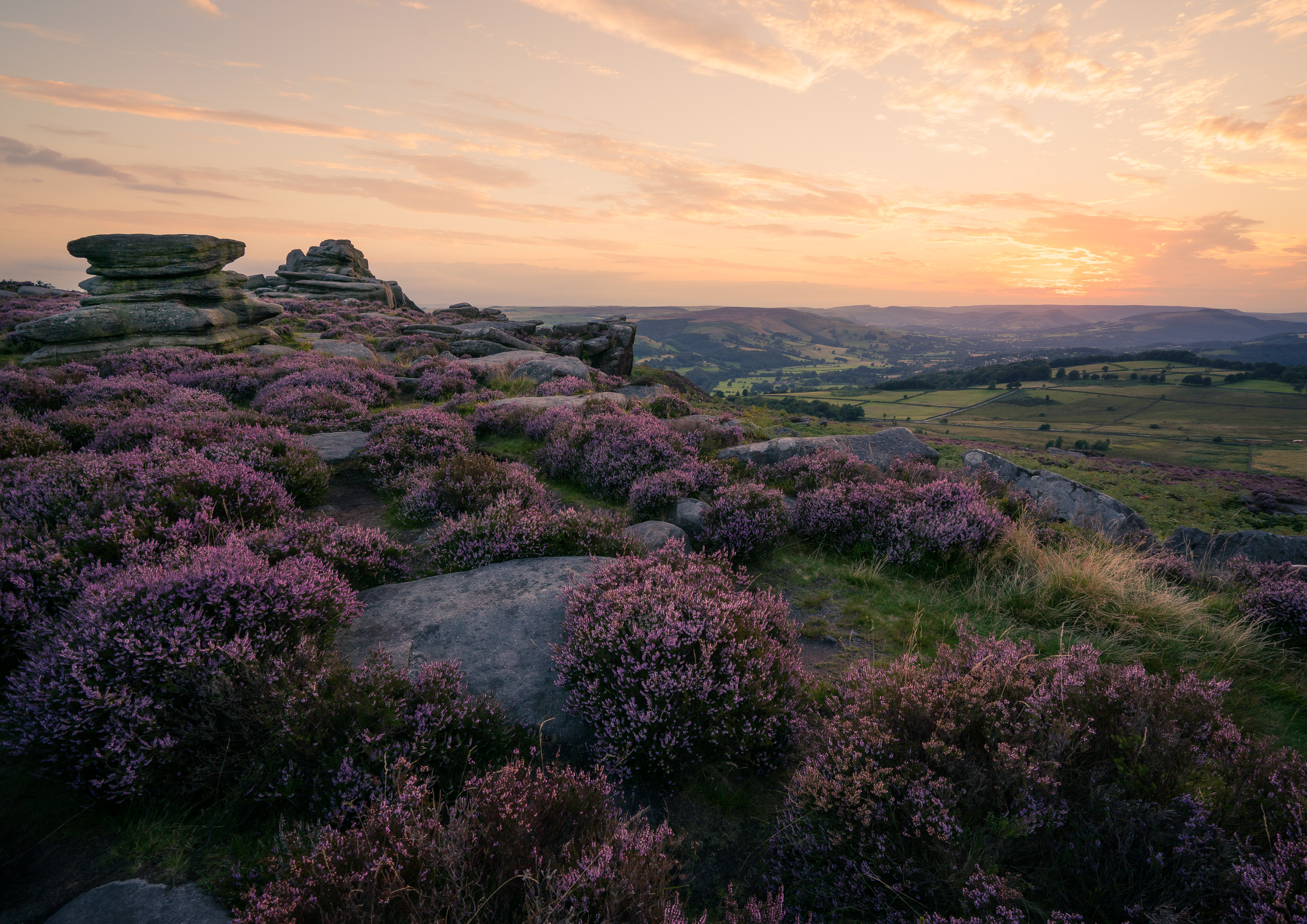 Owler Tor Sunset Print looking acrooss the heather towards hathersage