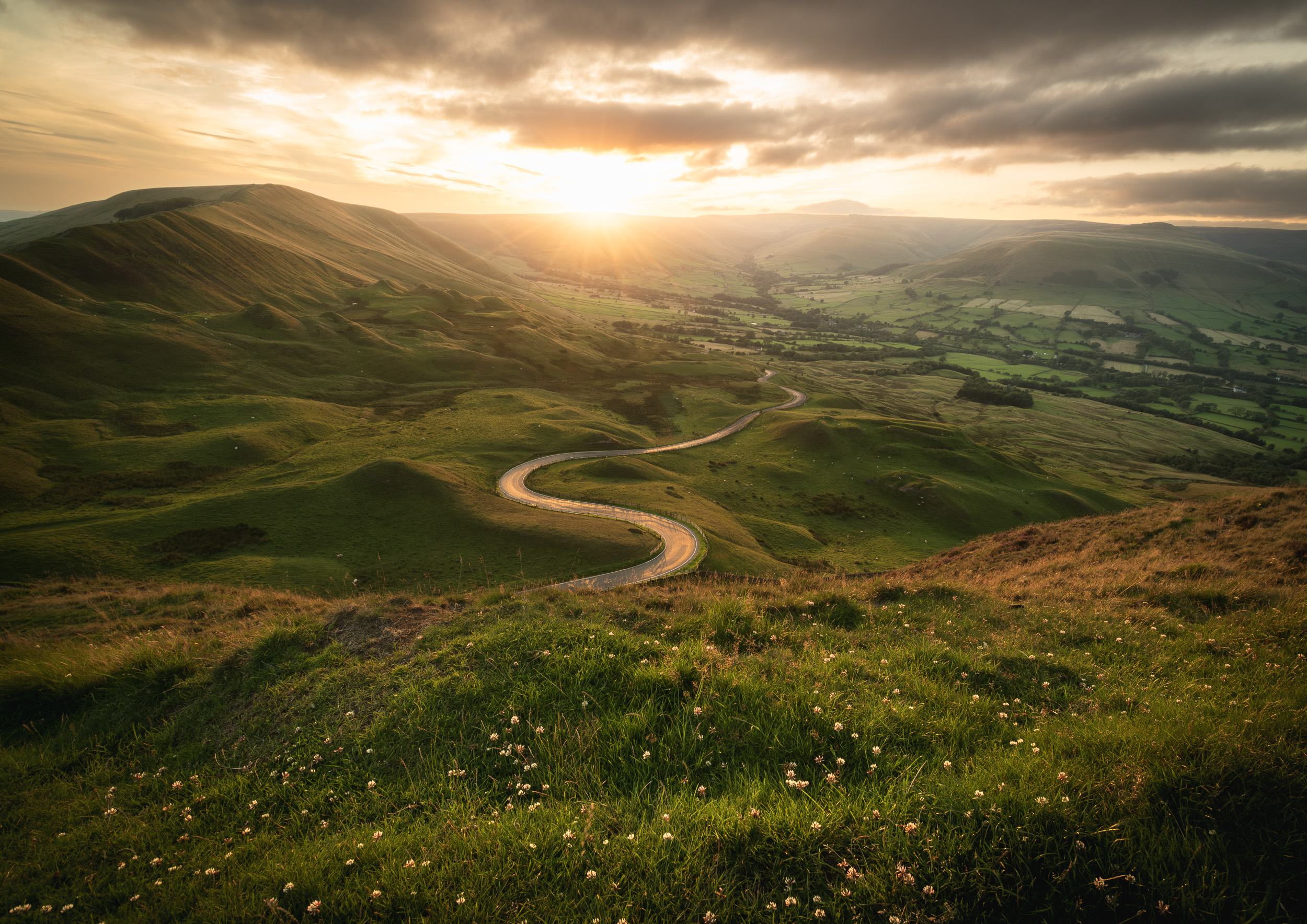 Mam Tor Sunset Fine Art Print capturing the winding road to Edale