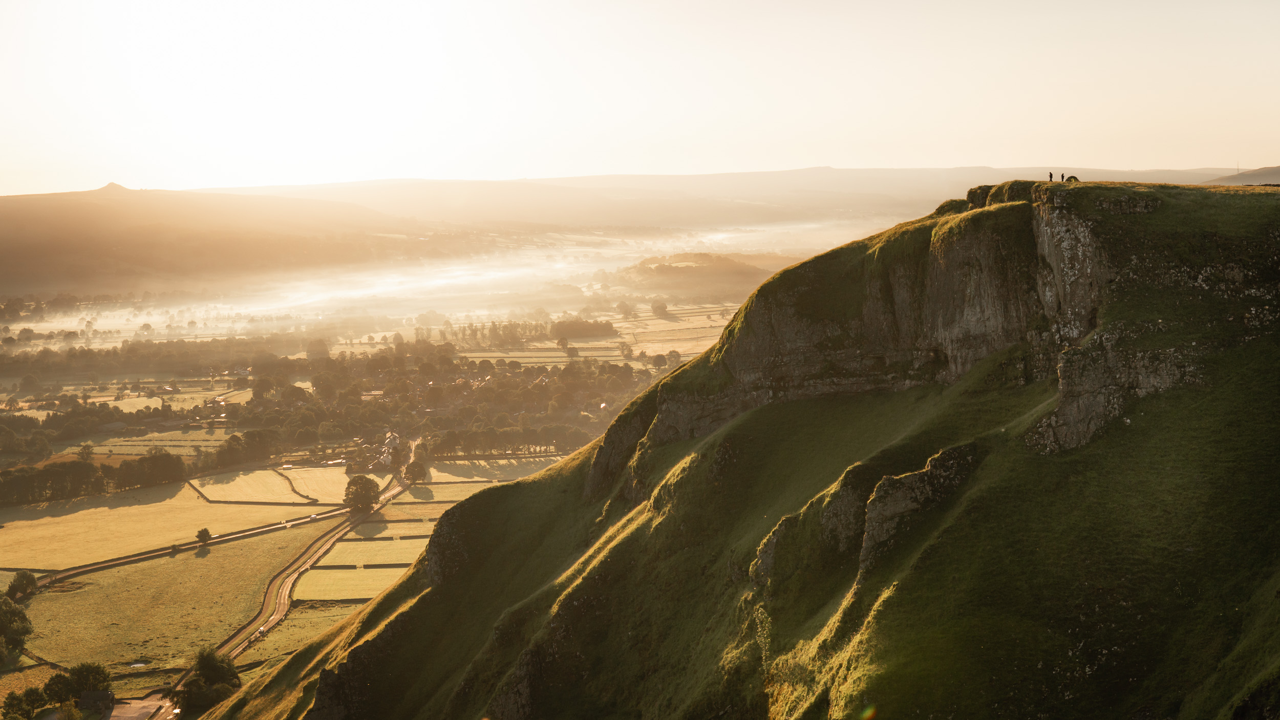 winnat's pass sunrise panoramic print ,showing a view from the top of the pass looking out over Casstleton.